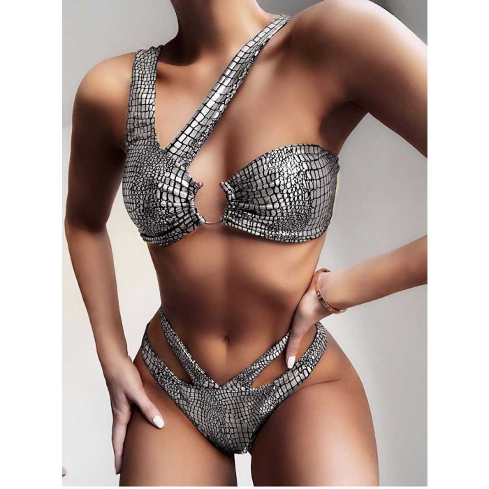 Metallic Crocodile Ring Linked High Cut Bikini Swimsuit
