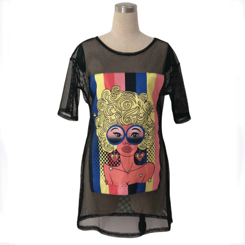 Mesh digital printing fashion T-shirt Casual Dresses