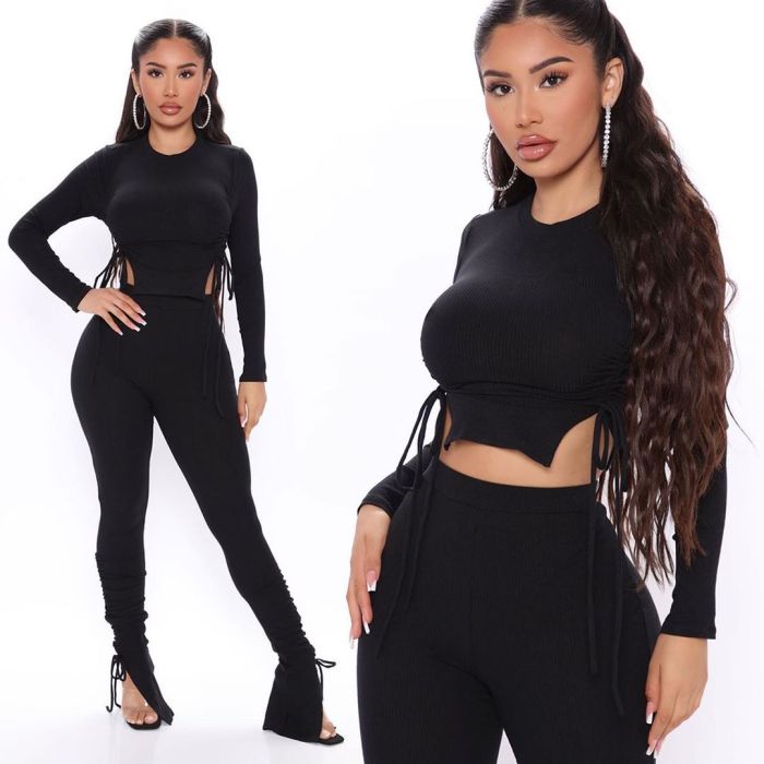 Sexy Solid Color Strings Crop Top and Pants Set