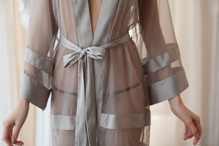 Grey Mesh Gauze Fabric Stitching Silk Cardigan Robe Sexy Lingerie