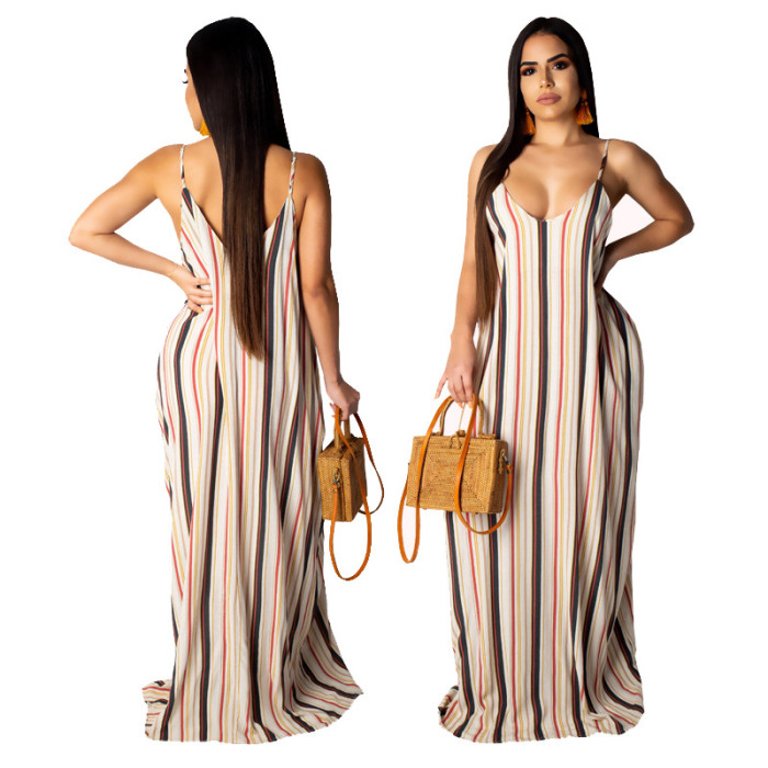 Women's Casual stripe Maxi Dress Sleeveless Plus Size Sundress