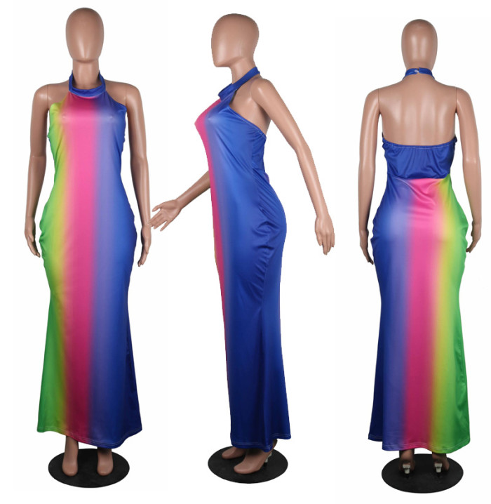 Low Back Colorful Print Halter Maxi Dress