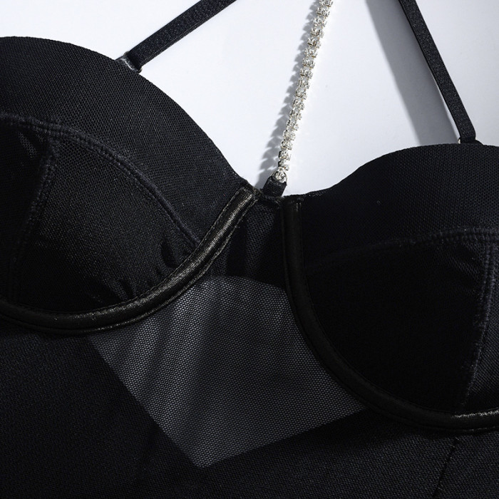 chain halter sexy transparent mesh bodysuit top