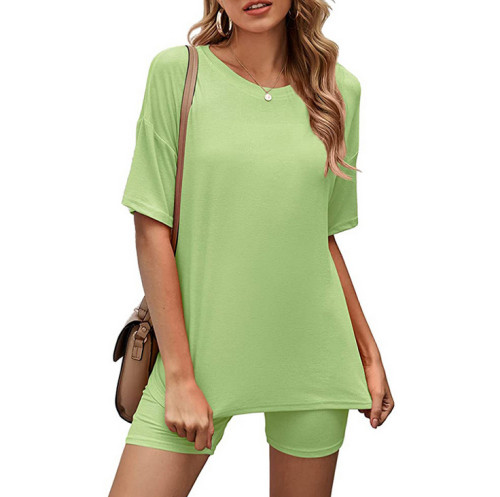 Solid color Ribbed Loose short sleeved T-shirt womens casual short pants two piece