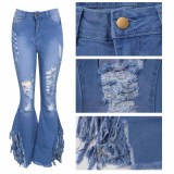 Slim Washed Ripped Tassel bottom Flared Pants