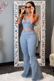 Light Blue Distressed Bell Bottom Denim Pants and Top Set