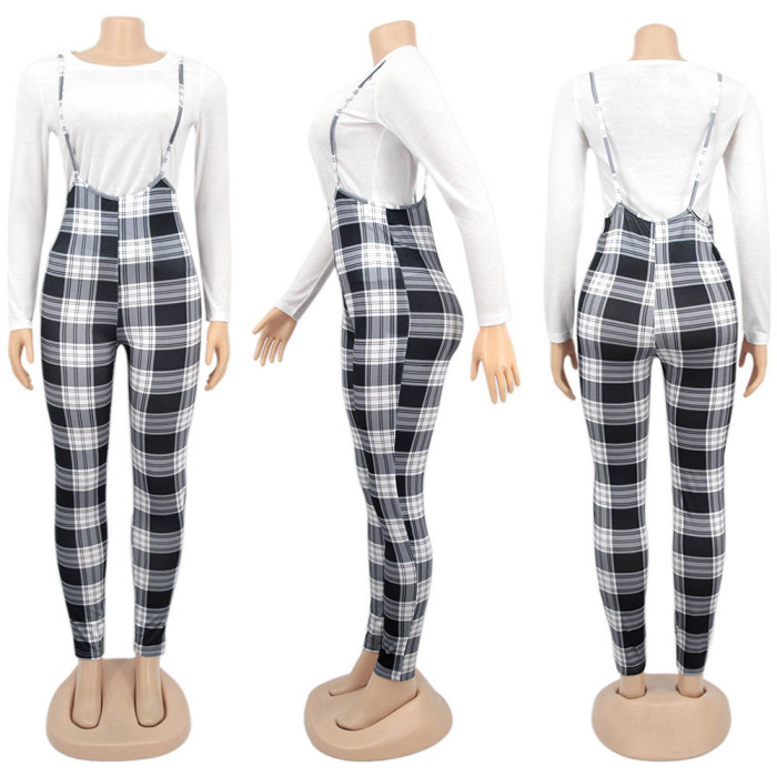 Autumn White Shirt and Plaid Print Suspender Pants Set