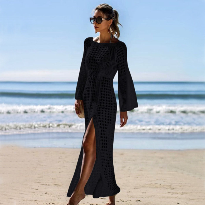 Openwork knit long sleeve split beach skirt