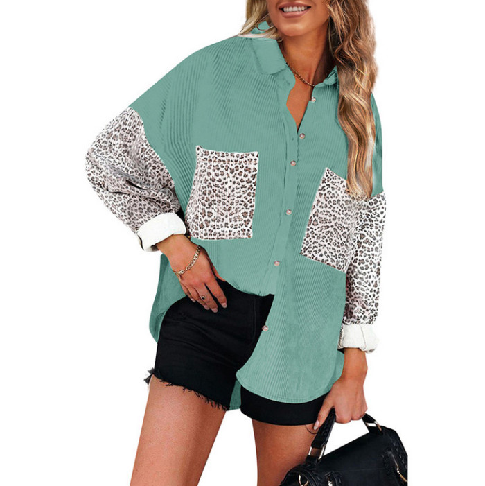 Corduroy Loose Stitching Leopard Long-sleeved Casual Shirt