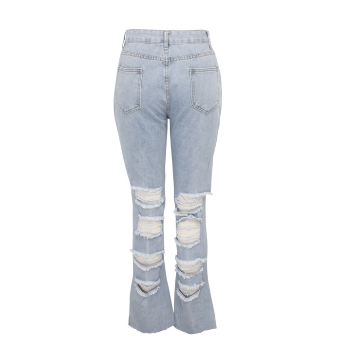 high waist Washed white hole trousers denim jeans women