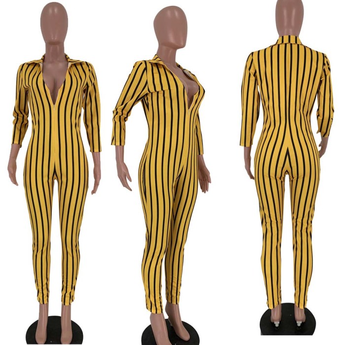 V collar Skinny Club Striped Jumpsuits Online