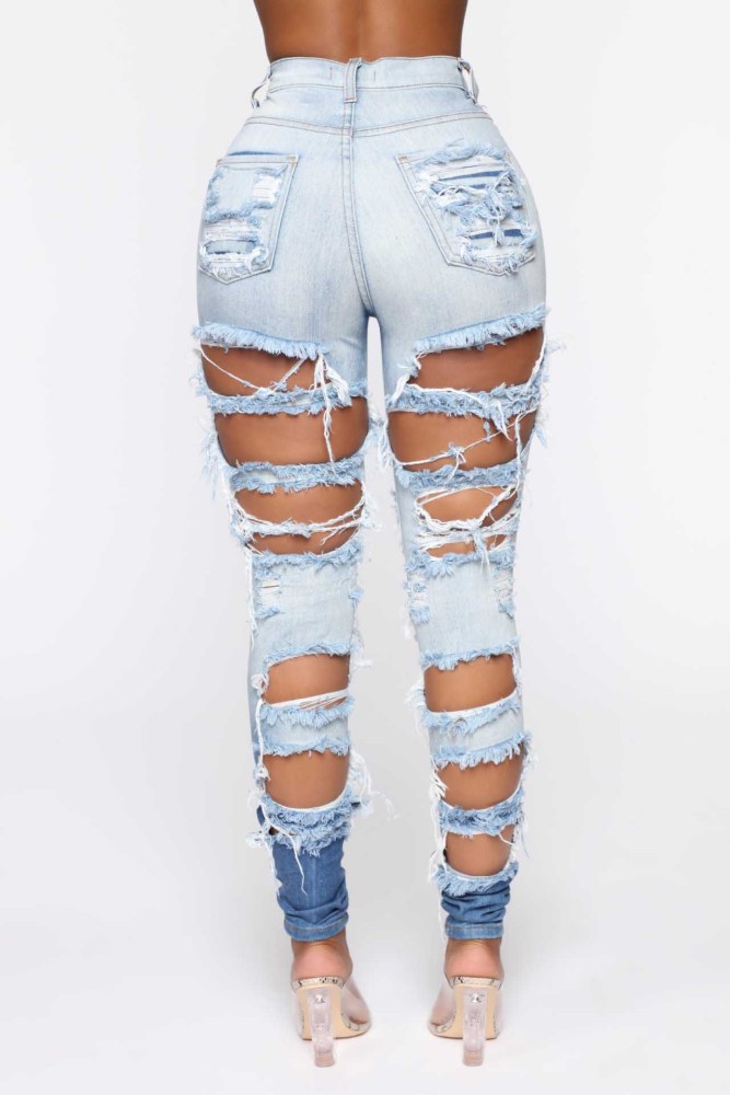 Washed Ripped Holes Gradient Stretch Jeans
