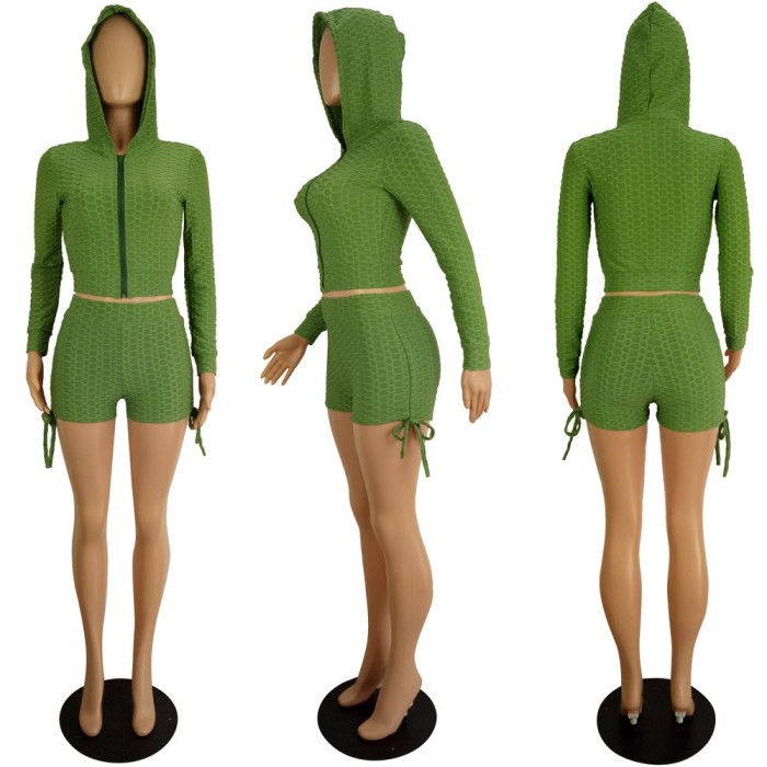 Drawstring Hooded sportswear yoga gym two piece tracksuit women biker short sets