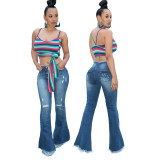 Washed Buttons Decorated Bell Bottom Denim Pants