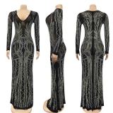 Occassional Black Beaded Slid Back V-Neck Evening Dress