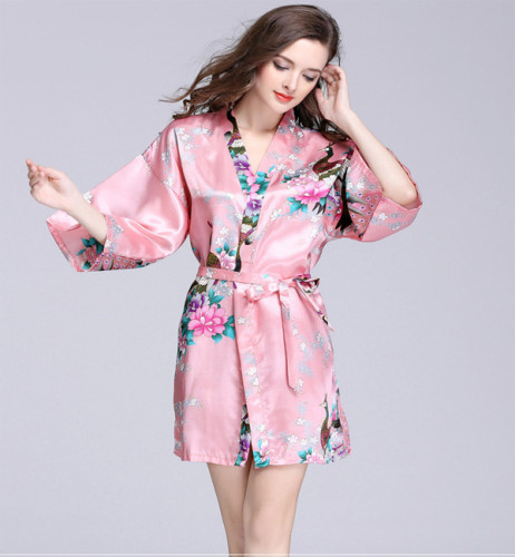 Peacock Short Kimono Robe Satin Silk pajamas LE2730-12