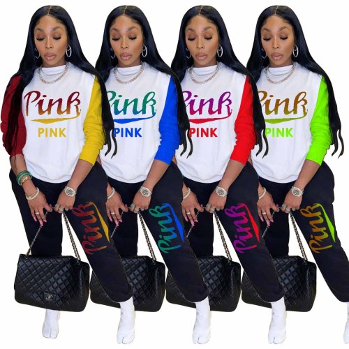 Casual Letter Printed Round Neck Long Sleeves Top With Straight Trousers Two Pieces Sets