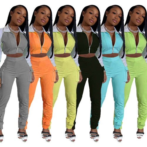 Two-piece Color Matching Casual Sports Luminous Bar  Strip Pocket Suit