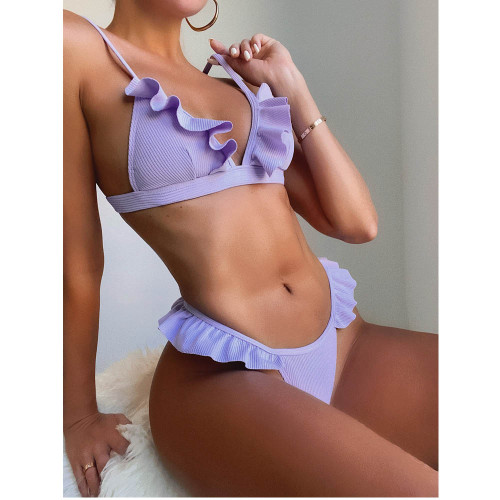 Two-Piece Solid Color Ruffles Thong Swimwear