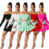 Solid Off Shoulder Crop Top and Pleated Skirt Set