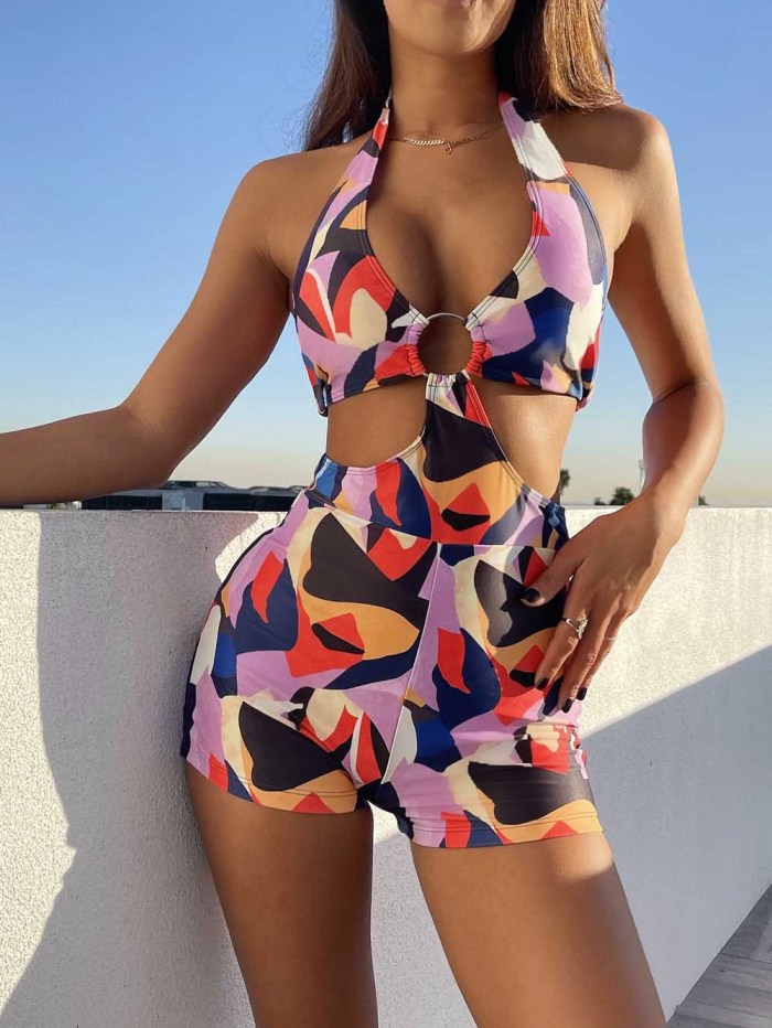 One-Piece Cut Out Metal Ring Halter Swimsuit
