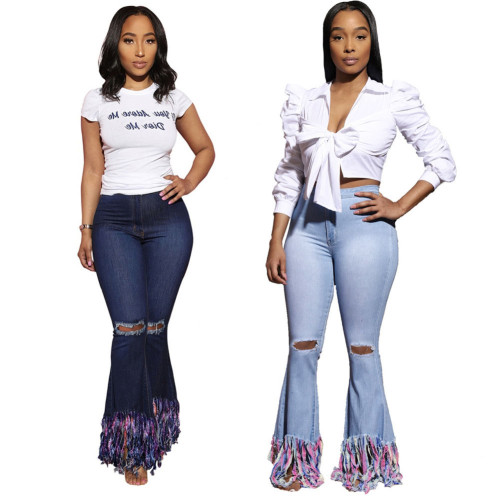 Fashion Slim Stretch Denim Flared Pants With Tie-Dye Fringed