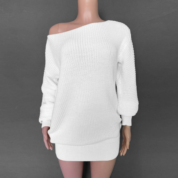 Casual Off-shoulder Lantern Sleeve Knitted Sweater Dress