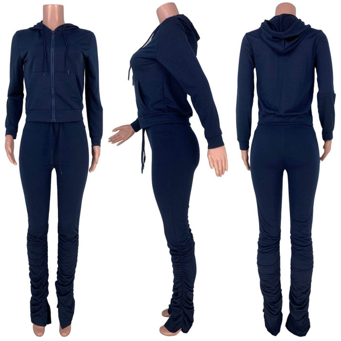 Solid Color Sweatshirt Pleated Pocket Hoodie Sports Suit