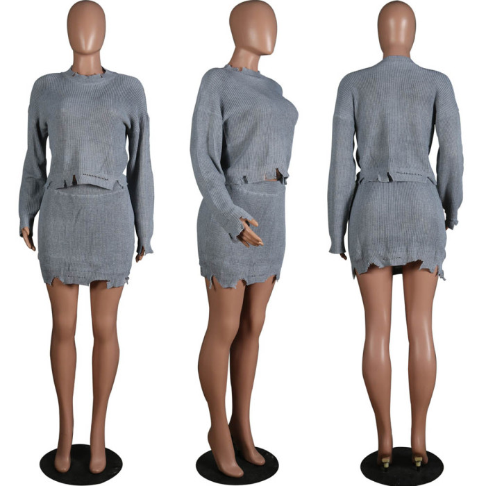Knitted Crew Neck Long Sleeve Mini skirt Set