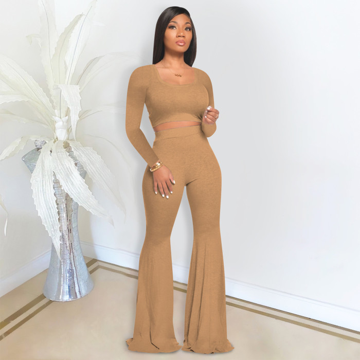 rib outfit 2 piece crop top and flare pant set