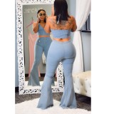Light Blue Distressed Bell Bottom Denim Pants and Top Set