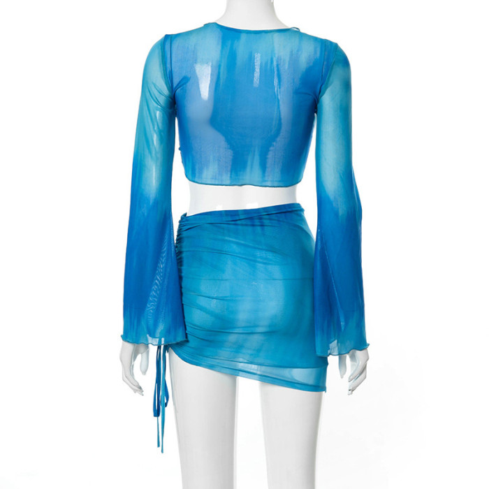 Mesh Printed Umbilical Flared Sleeve Beach Skirt Suit