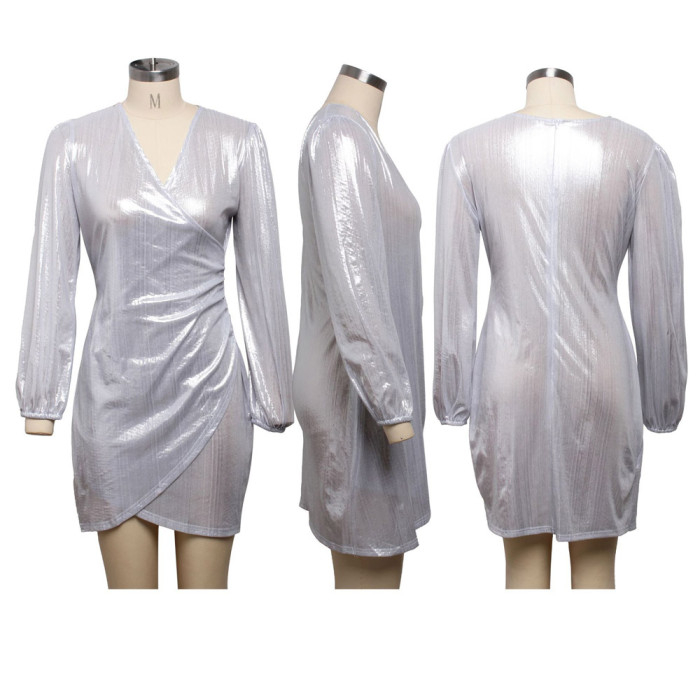 Deep V Neck Lantern Sleeve Sequin Dress