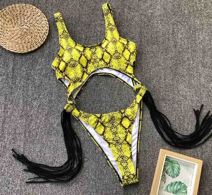 Snake Print One-Piece Tassle Swimwear