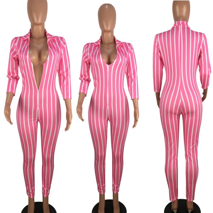 V collar Skinny Club Striped Jumpsuits Online