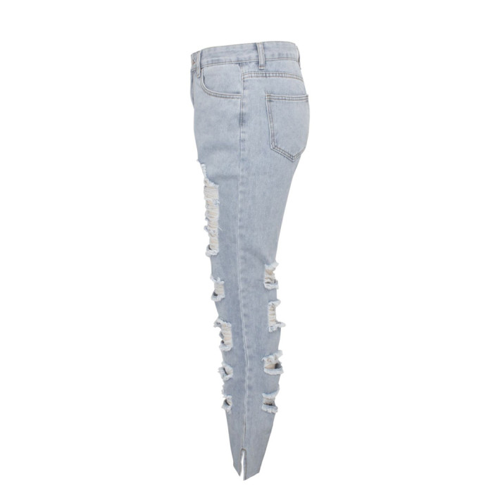 high waist Washed white hole trousers denim jeans women