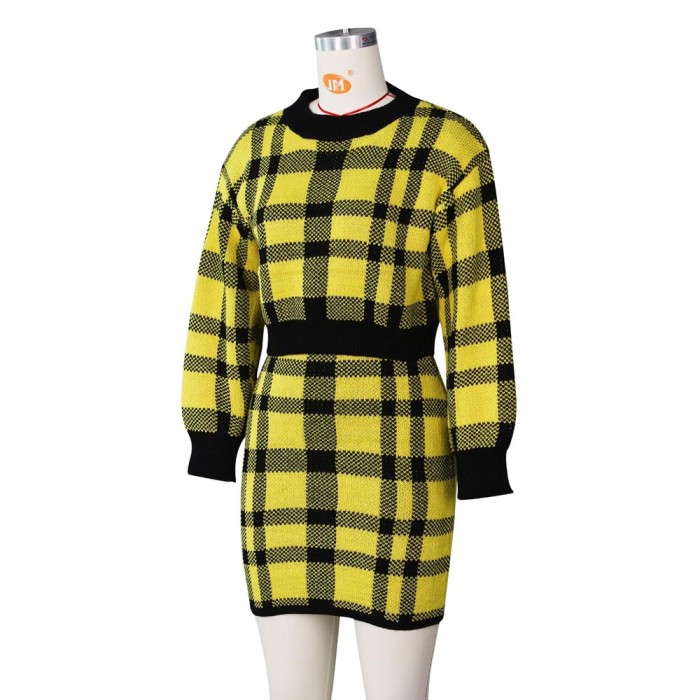 Plaid Padded Sweater Skirt Suit