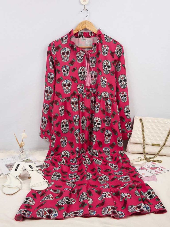 Fashionable Skull Print Stand-up Collar Loose Mid-sleeve Long Dress