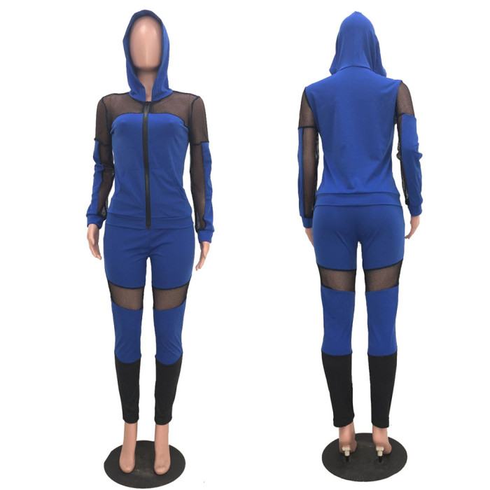 Mesh Stitching Hooded Two-Piece Sportwear