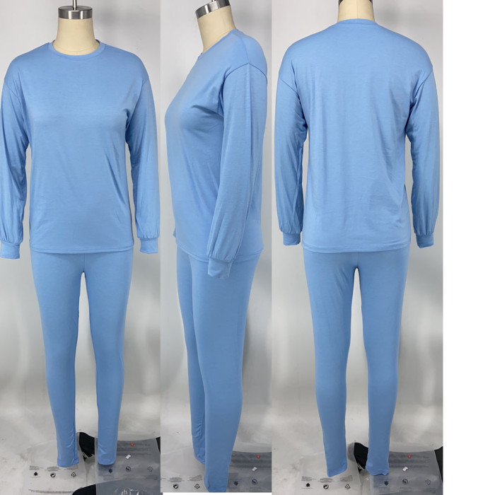 Pure Color Round Neck T-shirt Trousers Long Sleeve Casual Suit