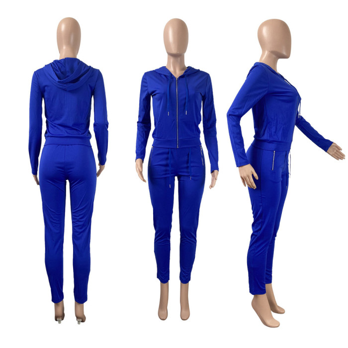 Hooded Long Sleeved Trousers Zipper Sports Two-piece Suit