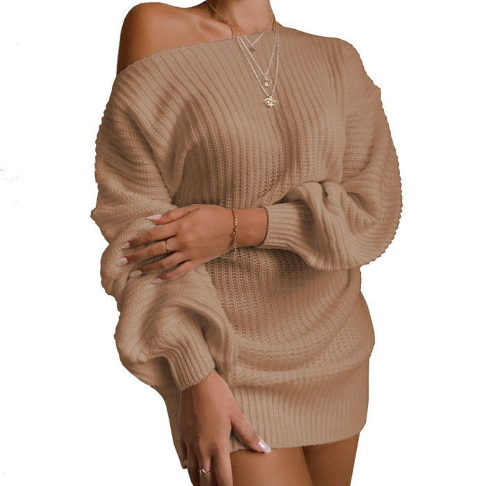 Casual Off-shoulder Lantern Sleeve Knitted Sweater Dress