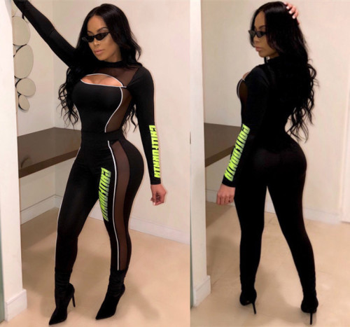 Women Hollow Out Long Sleeve Mesh Patchwork Bodycon Club Cocktail Jumpsuit
