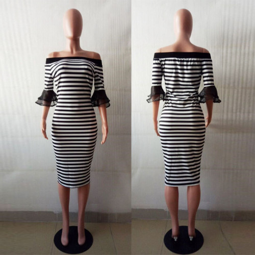Black and white stripes Crochet Frill Sleeve Midi Dress