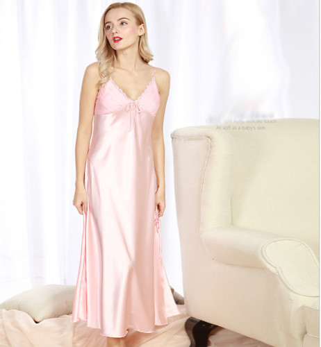 Halter V-neck Pajama Silk Sleepwear Long Nightgown LE2740-2