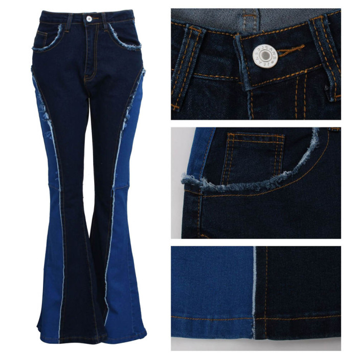 Washed Stitching Color Block Flare Pants jeans