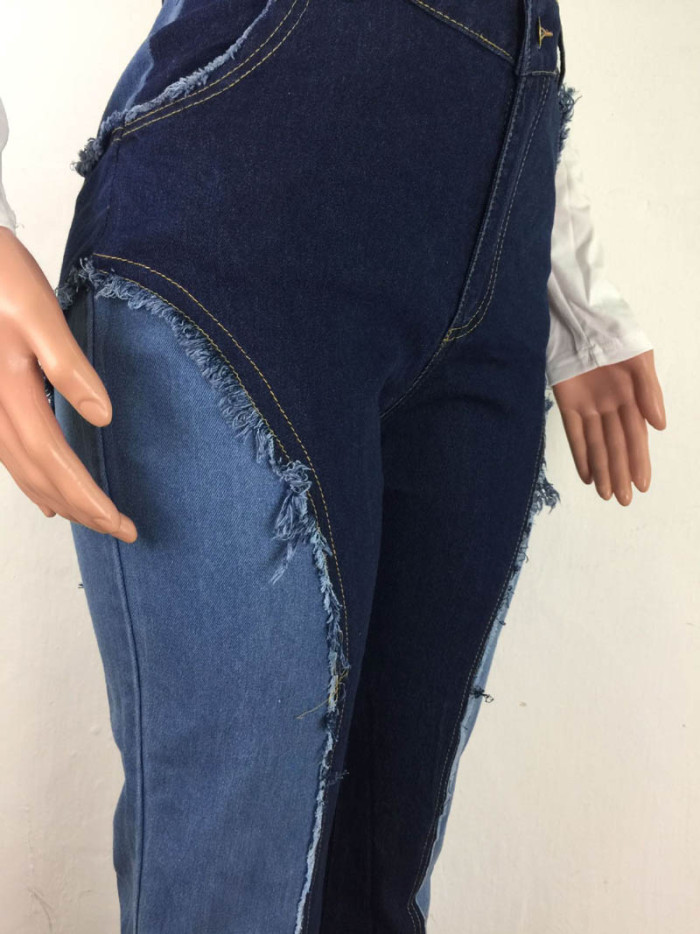Washed Stitching Color Block Bootcut Jeans