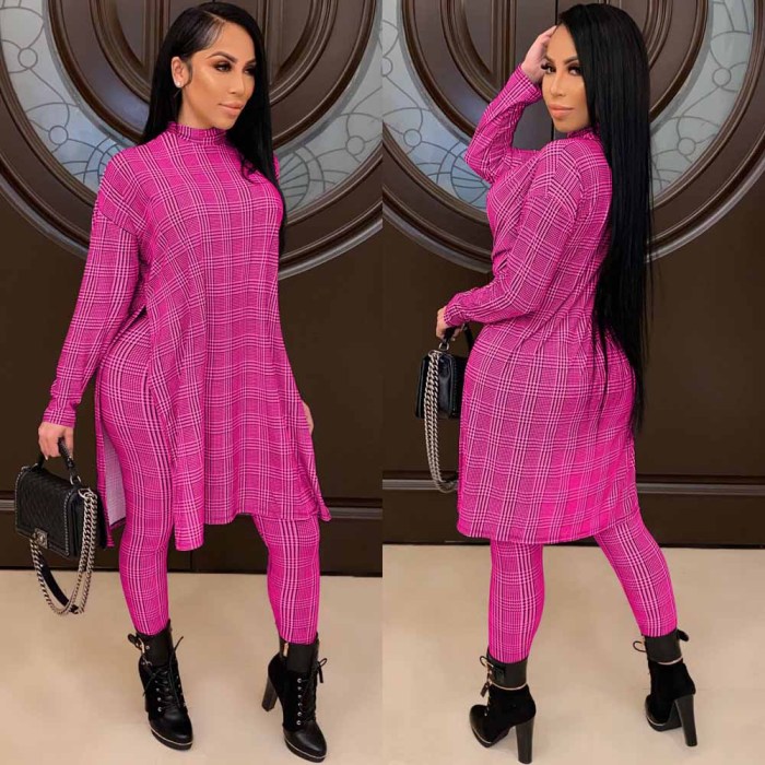 Fashion Women Houndstooth Print High Neck Suit
