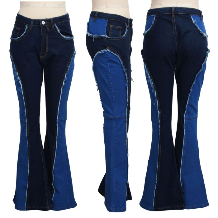 Washed Stitching Color Block Flare Pants jeans