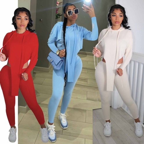 Women's Two-piece Solid Color Long Sleeved Trousers Hooded Sports Suit